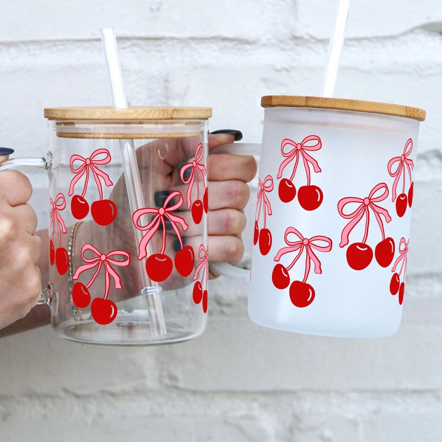 Cherries and Bows 17oz Glass Mug With Lid and Straw