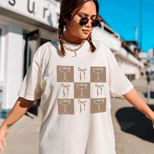 Bow & Espresso Martini Checkered Preppy Graphic Comfort Colors Tee
