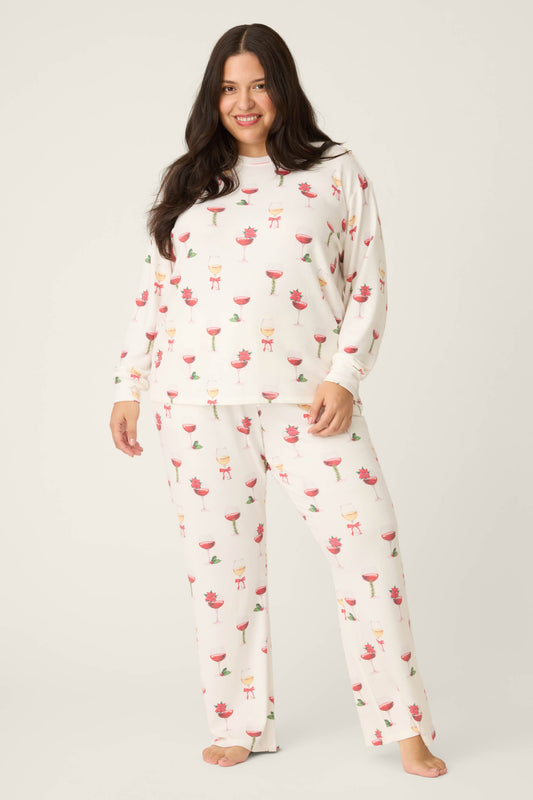 Let's Get Toasty Holiday Wine Print Plus Size Pants Set