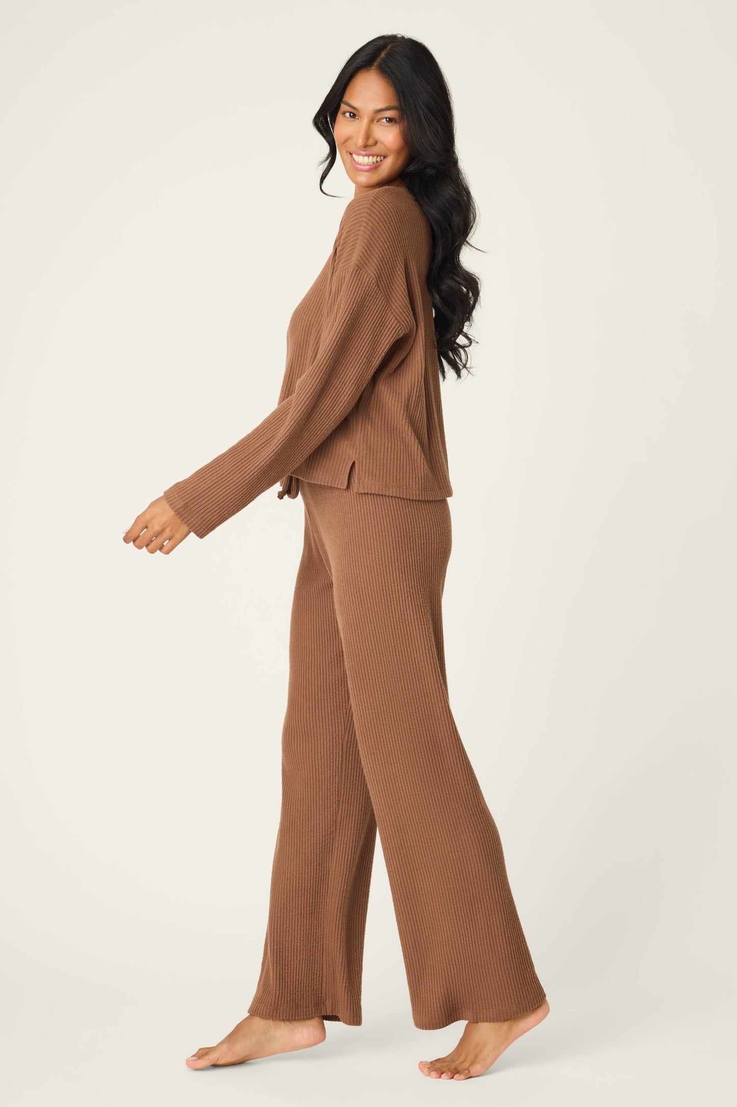 3-Piece Luxe Ribbed Brown PJ Set