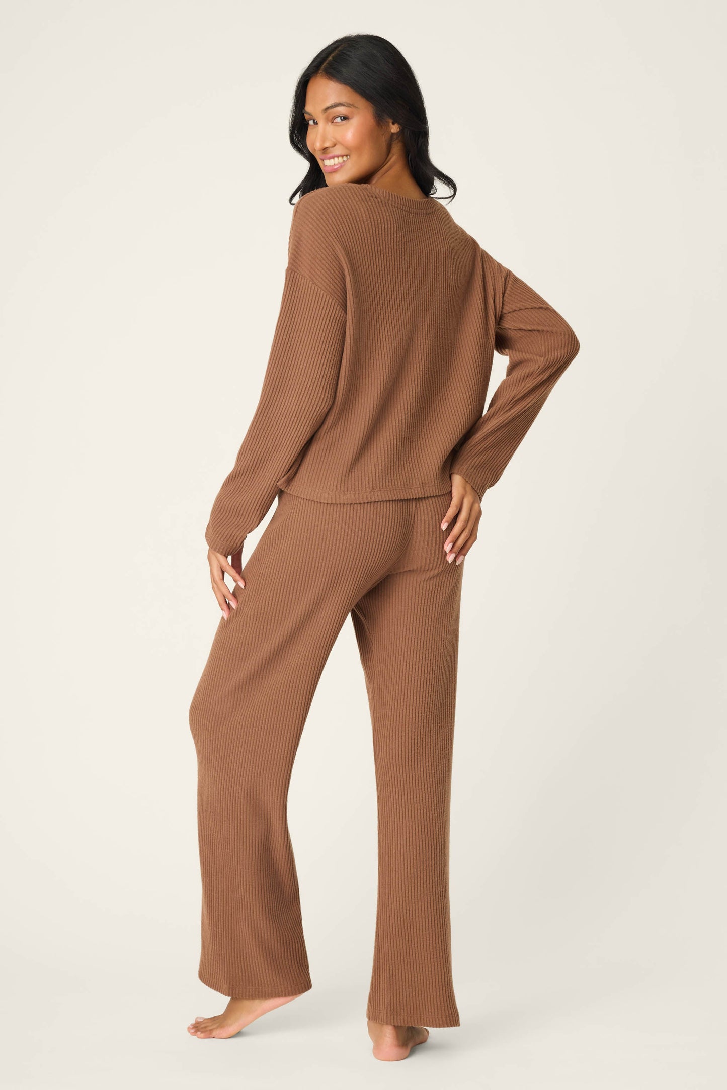 3-Piece Luxe Ribbed Brown PJ Set