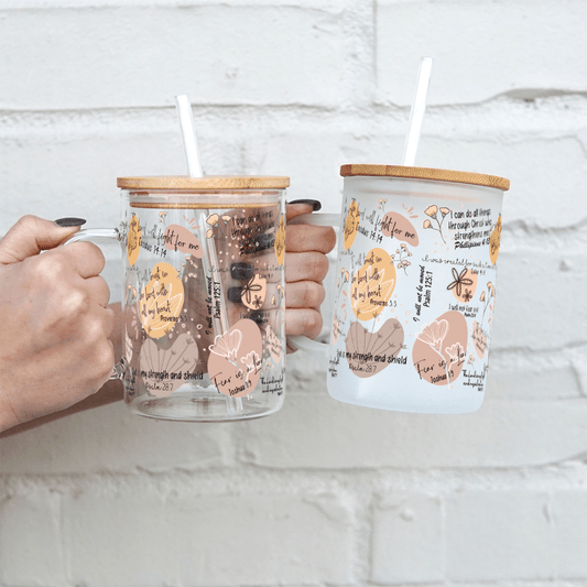 Christian Affirmations + Bible Verses 17oz Glass Mug with Lid and Straw