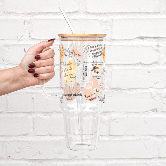 Christian Scripture Affirmations 40oz Glass Tumbler With Lid and Straw